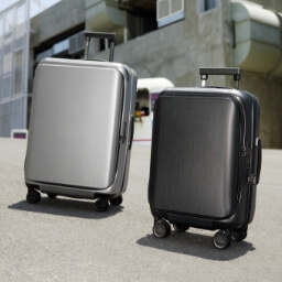 Two luggages standing on concrete